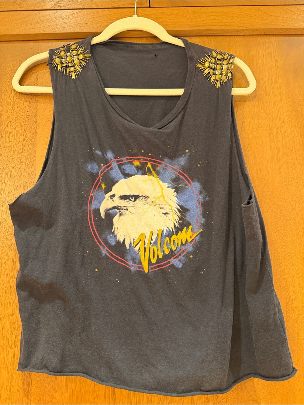 Volcom Black Tank Top with Yellow Eagle Graphic and Beaded Shoulders